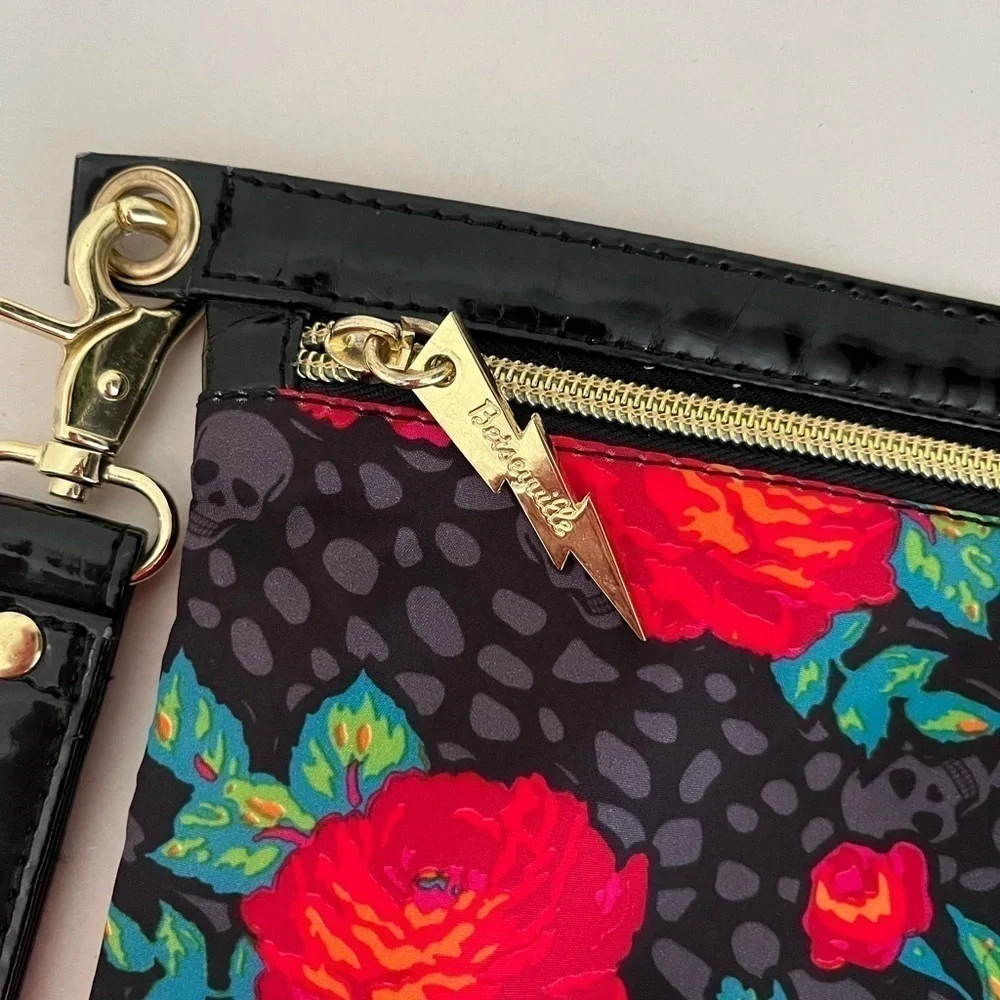 Betsey Johnson Betseyville Large Wristlet Black Rose Skull print